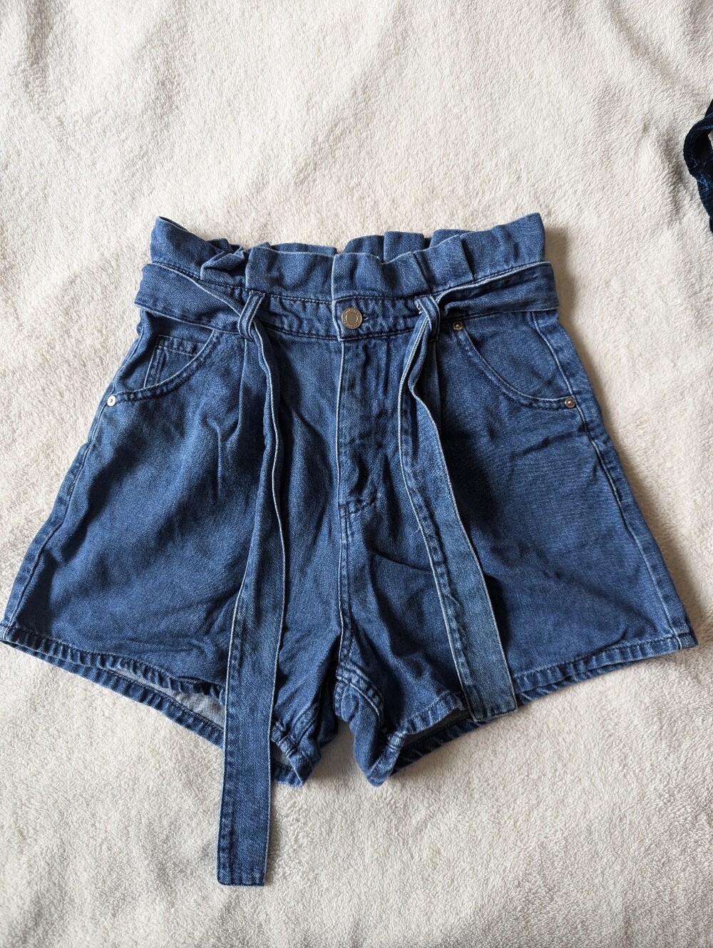 Frank & Oak Paperbag Waist Denim Shorts in Blue
